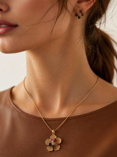 Découvrez la Parure Fleur Aurora™. Un ensemble collier et boucles d'oreilles dorés ornés de cristaux multicolores inspirés des fleurs en éclosion. Élégance et éclat garantis.