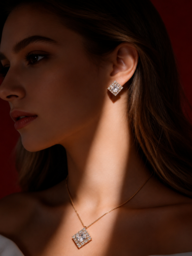 Découvrez la Parure Éclat Impérial™. Un ensemble collier et boucles d’oreilles dorés sertis de cristaux éclatants pour un look luxueux et intemporel.