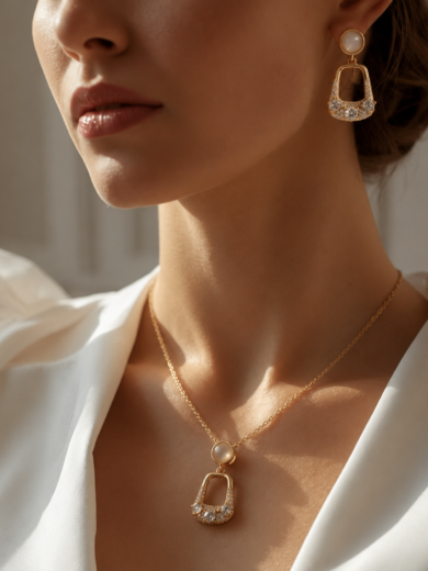 Découvrez la Parure Élégance Perle Royale™. Ensemble collier et boucles d'oreilles dorés ornés de cristaux étincelants et d'une pierre nacrée élégante. Garantie à vie.