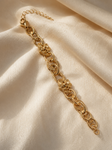 Bracelet Lion Impérial doré avec médaillons grecs et têtes de lion