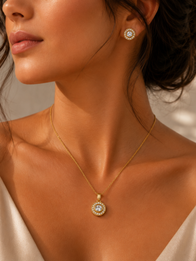 Parure femme en or plaqué avec cristal scintillant. Collier et boucles d’oreilles élégants, garantie à vie Maison Elixara.