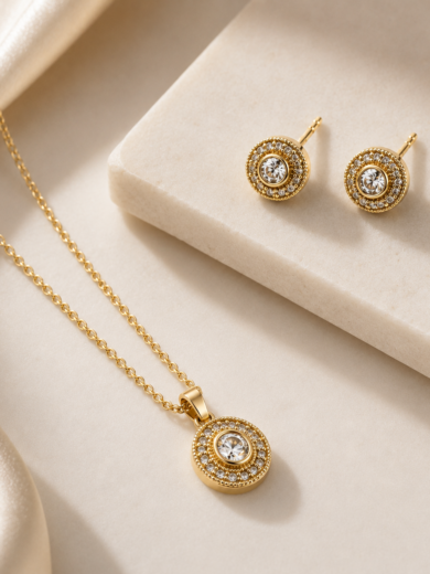 Parure femme en or plaqué avec cristal scintillant. Collier et boucles d’oreilles élégants, garantie à vie Maison Elixara.